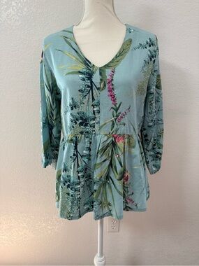 KAKTUS Tunic Blouse Blue Floral V-Neck 3/4 Bell Sleeve Woven Linen S